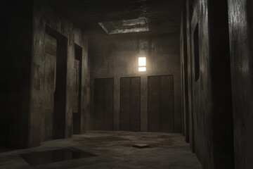 Obraz premium A brutalist underground bunker, with thick concrete walls, heavy steel doors, and dim, moody lighting creating a sense of isolation.