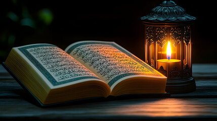 Open Quran, lantern light, night, peaceful reading, religious study, spiritual reflection