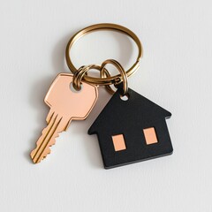 Rose Gold Key with House-Shaped Keychain on White Background.