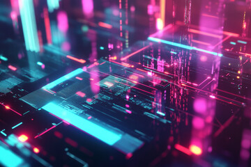 A futuristic sci-fi interface with holographic panels, data streams, and floating 3D geometric elements.