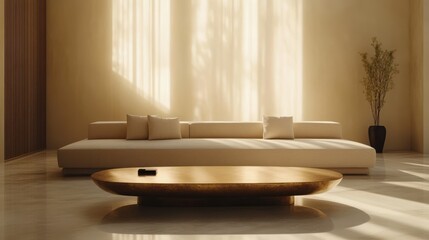 A serene, minimalist living room featuring a light-toned sofa, a round wooden coffee table, and soft, natural lighting from large windows.