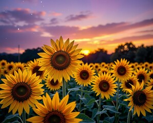 Obraz premium A vibrant field of sunflowers stands against a colorful sunset sky, showcasing nature's beauty and tranquility.