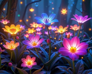 A vibrant, enchanting forest scene filled with colorful, glowing flowers amidst dark foliage, creating a magical atmosphere.