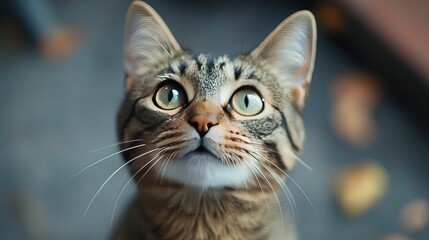 A Curious Tabby Cat Looks Upward With Wide Eyes