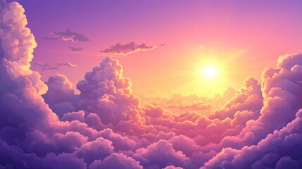 Sunset sky. Cartoon summer sunrise with pink clouds and sunshine, evening cloudy heaven panorama. Beautiful cloudscape with fluffy cumulus, colorful twilight