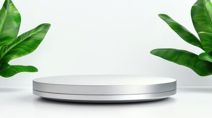 Elegant Silver Product Display Platform with Green Leaves