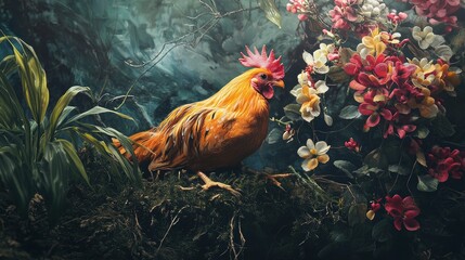 Fototapeta premium Majestic rooster in a lush natural setting