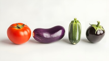 Fresh tomato eggplant zucchini and round aubergine arranged in row on white background