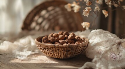Fototapeta premium Rustic basket of nuts on cozy fabric