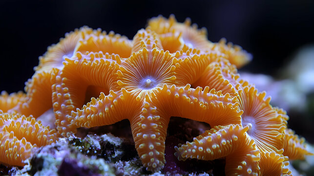 Orange coral polyps aquarium reef closeup underwater