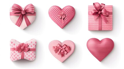 Pink gift boxes with bows and heart shaped decorations featuring patterns and ribbons