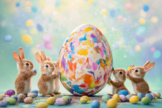 A joyful group of tiny bunnies painting a giant Easter egg with colorful patterns, playfully splashing paint onto each other.
