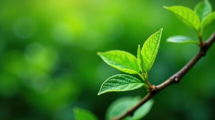 Obraz premium Close-up view of vibrant green leaves sprouting from a slender branch, bathed in soft sunlight, showcasing the beauty of new growth in nature.