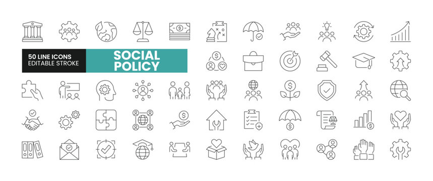 Set of 50 Social Policy line icons set. Social Policy outline icons with editable stroke collection. Includes Family, Human Resources, Welfare, Government, Justice and More.