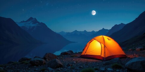 Lit up tent with stars and moon shining bright in mountains at night, mist, stars