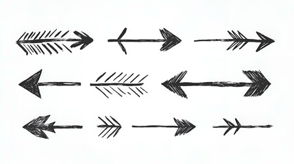 Hand drawn black arrows with rustic design and textured strokes arranged on white background