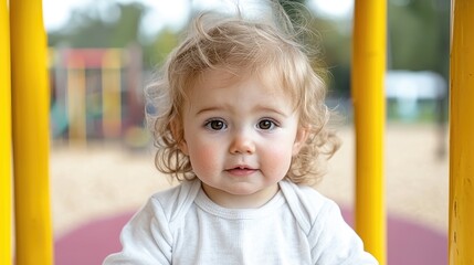 Baby girl at playground, happy face, outdoors, candid moment, potential stock photo