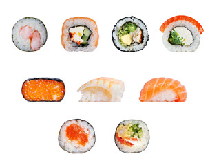 Set of various sushi rolls close-up on a white background