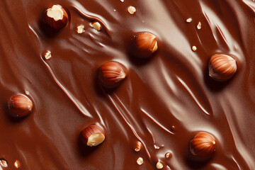 Fototapeta premium Chocolate Hazelnut Delight: An overhead shot captures a decadent swirl of rich, glossy melted chocolate, studded with plump, roasted hazelnuts and a scattering of coarse sea salt.