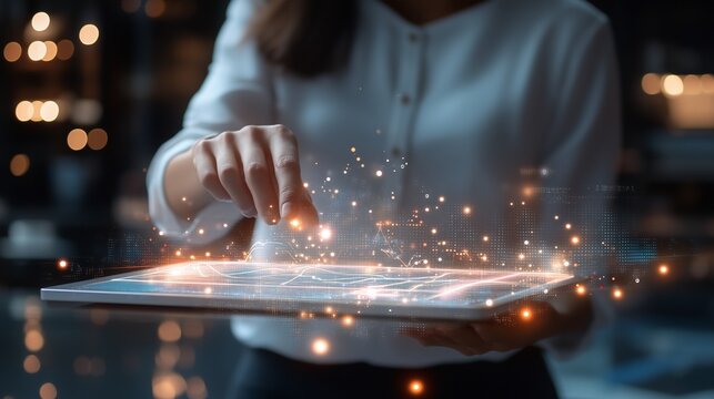 Woman in black suit looking at digital screen. Businessperson presenting data to businessperson. Ai is a generative chart in the office. A female in a black suit is gazing lifestyle at a digital.