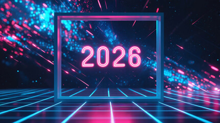 Naklejka premium Neon 2026 in Retro-Futuristic Grid: Electric Blue and Pink Lights Create Stunning Trails in a Cyberpunk Space