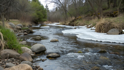 Melting ice on creek with flowing water and rocks
