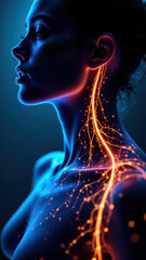 Vagus Nerve Stimulation with glowing blue light illuminating neck and chest area. A futuristic depiction of medical technology.