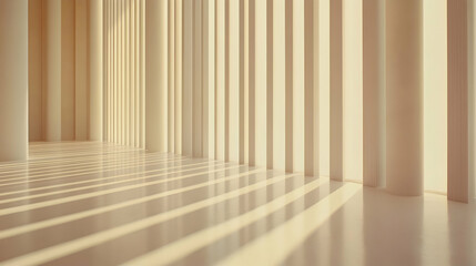 Empty Pale Beige Columns Corridor, Sunlight Streaks, Minimalist Interior Design, Stock Photo