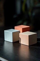 Wooden Cubes, Display, Dark Table, Soft Light
