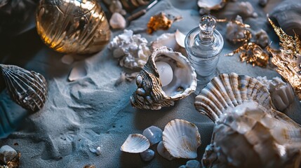 Seashells and glass bottles on a sandy surface