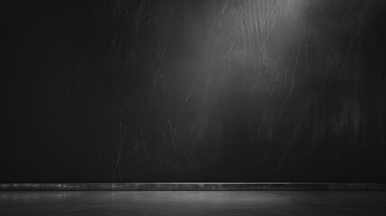 A dark, empty room with a chalkboard on the wall and a beam of light shining in.