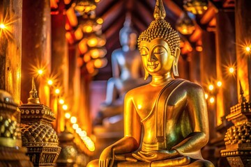 Fototapeta premium Golden Buddha bathed in soft night light, a serene Thai temple scene evokes spiritual peace.