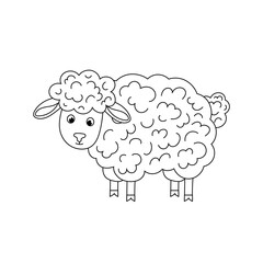 Domestic or farm animal. Cute fluffy sheep. Kids contoured illustration funny sheep. Colouring book. Doodle illustration sheep on white background.