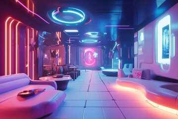 A high-tech cyberpunk lounge with neon-blue lighting, digital art projections on the walls, and futuristic minimalist furniture glowing softly.