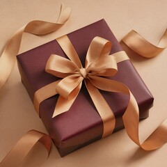 Elegant Gift Box with Gold Ribbon and Brown Wrapping on Neutral Background