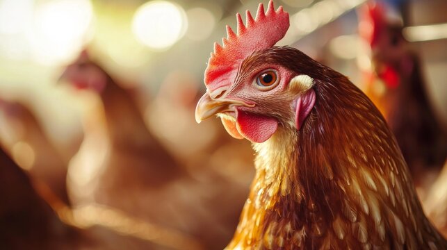 Close-up of a red hen in a rural setting