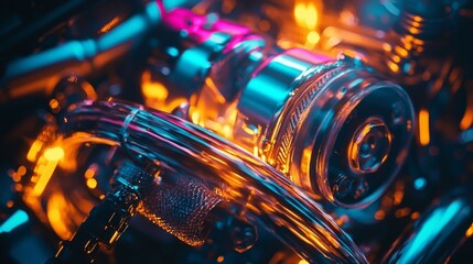 Futuristic close-up of a mechanical device with neon lights