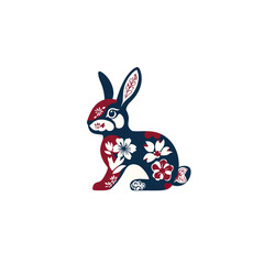 Ornate Floral Rabbit Design - Dark Blue, Red, and White Pattern
