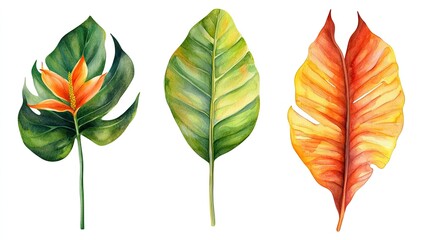 Obraz premium Watercolor tropical leaves and flower, isolated on white