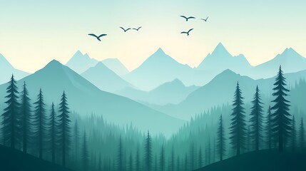 Obraz premium Serene Mountain Landscape With Birds Flying Over Coniferous Forest