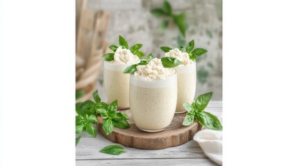 Refreshing creamy dessert topped with basil leaves, served in glasses on a wooden board, with greenery in the background