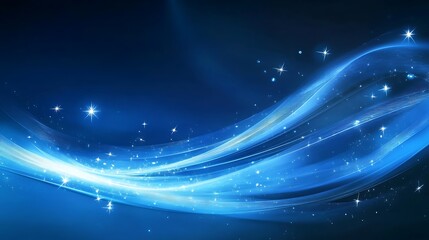 Blue abstract waves, sparkling stars, dark background, website design