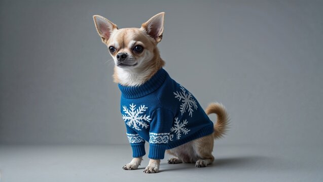 Chihuahua in Blue Snowflake Sweater on Gray Background