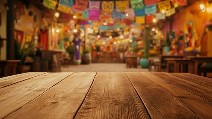 Wood table with mexican flags. Empty wooden table with a wooden top. A mexican fiesta with a mexican background. A wooden table adorned with mexican lifestyle flags.