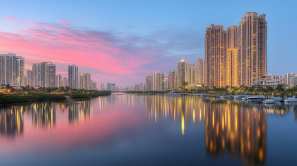 Naklejka premium Sunrise over waterfront condos, reflecting in calm water, luxury boats. Ideal for real estate, travel brochures