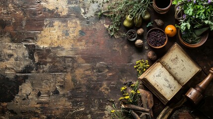 Rustic kitchen table with herbs and old recipe books