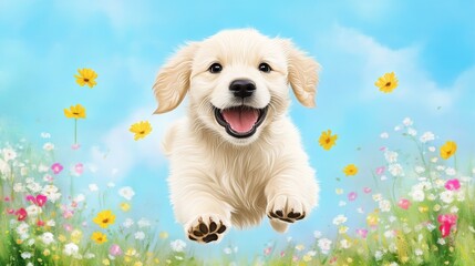 Happy Golden Retriever Puppy in Flower Field - Adorable golden retriever puppy joyfully leaping through a vibrant field of colorful flowers under a bright blue sky