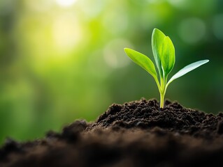 Fototapeta premium Young seedling sprouting from brown soil on a blurred green background, symbolizing new life and growth in challenging environments.