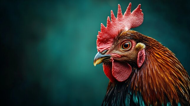 Close-up portrait of a rooster with vibrant feathers