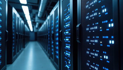 Modern Server Room in Cool Blue Lighting with Data Visualization